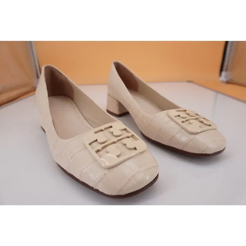 Tory Burch Georgia Square Toe Block Heel Pump SZ 5 New Cream Croc Leather Logo